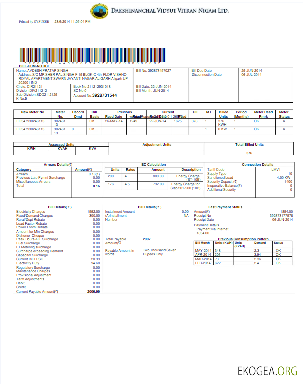 INDIA DVVNL utility bill Word and PDF template